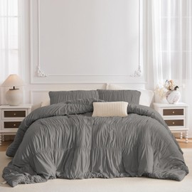 Lady Ann Gray Ruched Comforters Oversized King Size 128x120 Bedding Comforter Sets for Bedroom, 3 Piece Fluffy Boho Bedroom Set with Pillow Shams Soft All Season Bed Sets