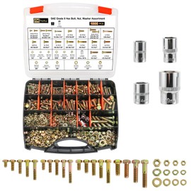 1000PCS Grade 8 Bolt Assortment Kit, Heavy Duty Bolts and Nuts Kit, 1/4-20 5/16-18 3/8-16 1/2-13 SAE Grade 8 Alloy Steel Hex Cap Screws Nuts Washers, Comes with 4 Bits（Yellow Zinc Plated）