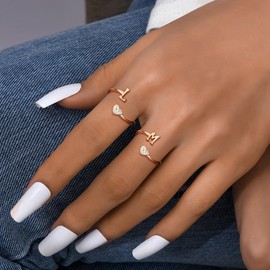 MILACOLATO 925 Sterling Silver Ring 18K Rose Gold Plated Initial Heart Rings Adjustable Capital Letter Initial Rings for Women Stackable Thumb Pinky Rings Trendy Stuff, O