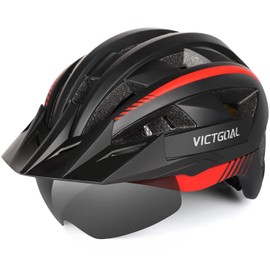 Victgoal Bike Helmet, MTB Mountain Bike Helmet with Magnetic Visor, Removable Sun Visor Cap and LED Rear Light, Cycling Helmet Racing Bike Helmet for Adults Men’s / Women’s (L.: 57 - 61 cm – Black / Red)