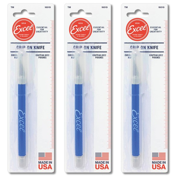 Excel Blades Soft Grip Craft Knife Set, Soft Grip Fine Point Angled Blades for Precision Cutting & Trimming, Multi-Purpose Hobby, Scrapbooking, and Crafting Tools, Blue, 3-Pack