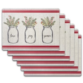 Blissful Living Set of 6 Placemats, Stain Resistant - Decorate Your Kitchen Table with Our Beautiful Rectangle pad placemat (Love Joy Peace Christmas Jars)