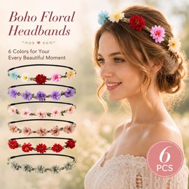 6 Pcs Flower Crown for Women Girls, Hippie Floral Wreath Headband, Boho Floral Headband for Wedding, Birthday, Festival Party, Photo Shoot & Daily Wear (Multicolor B)