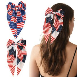 2pcs 4th Of July Bow Hair Clips For Women Large Bows Patriotism Hair Pins American Flag Hair Barrettes Hair Accessories White Blue Red Long Tail Bowknot Hair Clip For Independence Day Party Decoration