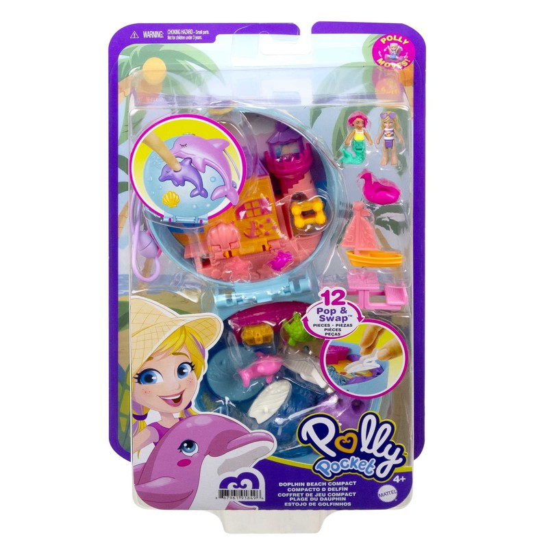 -​Polly Pocket Dolphin Beach Compact, Beach Adventure Theme with Micro