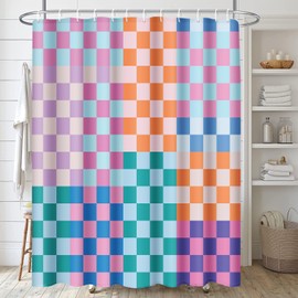 Arttown Retro Checkered Bathroom Sets with Shower Curtain and Rugs and Accessories, Aesthetic Colorful Shower Curtain Sets,Funky Checkerboard Shower Curtains for Bathroom,Modern Bathroom Decor 4 Pcs