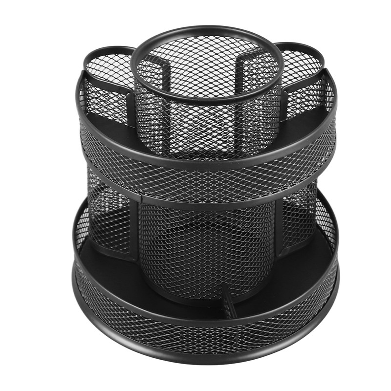 Rotating Pen Holder Black Mesh 7 Compartments Strong Metal Rotating