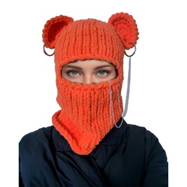 Knitted Ski Mask Crochet Beanie Hat Face Mask, 3D Funny Bunny Bear Cat Ear Hat for Women Men Girls for New Year Cold Weather or Party(Orange Bear)