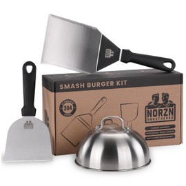 Norzn Brothers® Hamburger Kit, BBQ Set Made of 304 Stainless Steel for Plancha Grill and Griddles, 2 x Spatula and Grill Bell, EU Certified Food Contact, 3-Piece Burger Smasher Set