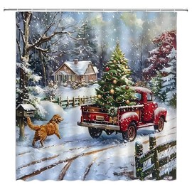 Winter Christmas Shower Curtain Snowy Vintage Red Truck Holiday Tree Pet Dog Retro Farm Fabric Bathroom Decor Curtains with Hooks,Green Red White