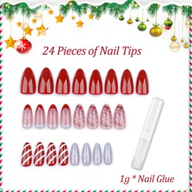 Christmas Stick on Nails - 24PCS Red French Tip False Nails - Long Press on Nails Almond - Strong Glue on Nails - Full Cover Nude & Glitter Fake Nails Candy Stripes Nail Art Design