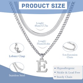 Letter Necklace Men's Stainless Steel Silver Cuban Chain Adjustable Snake Chain with A-Z Letter Pendant Layered Necklace for Men Dad Boyfriend Birthday Father's Day Christmas Gift, Stainless Steel, No