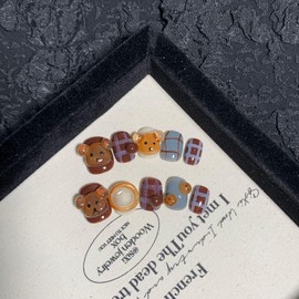 JIEADJIE Press On Nails (100% Handmade),Short-Medium T,Handmade Painted Nail Art by Nail Technician,Daily Version (3D Bear, Small)
