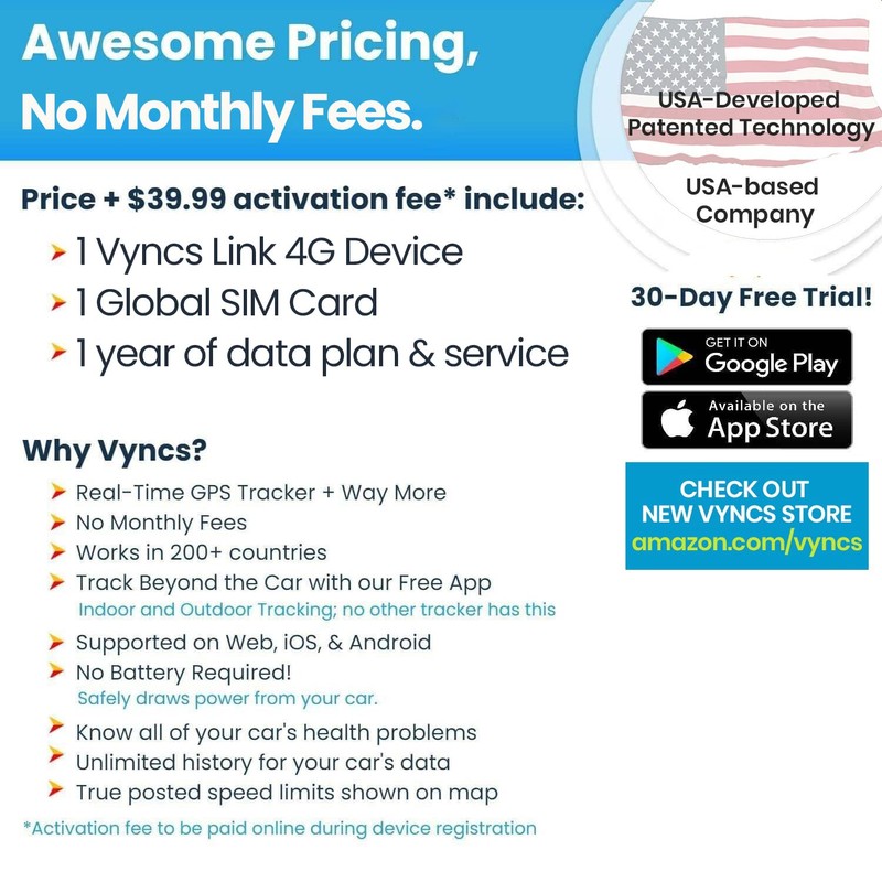 Vyncs - GPS Tracker for Vehicles, [No Monthly Fee], 4G