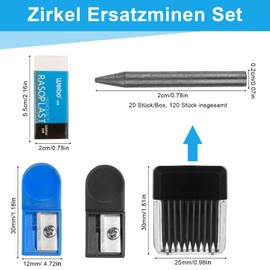 Compass replacement leads set, 120 pieces 2B compass leads with eraser and compass sharpener, 2 mm diameter compass replacement leads, 2 cm long leads for mathematical drawings and wood markings