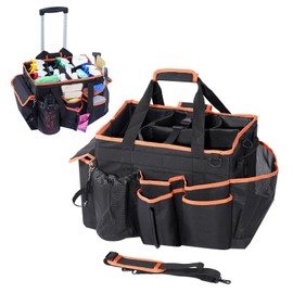 ProCase Cleaning Caddy with Wheels for Housekeepers, Professional Portable Rolling Cleaning Supplies Large Clean Cart Bag with Detachable Trolley Handle and Shoulder Strap -Blackorange
