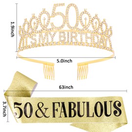Hapdoo 50th Gold Birthday Decorations, 50th Birthday Gifts for Her 50 Year Old Gifts for Women, Happy 50th Birthday Party Favors, 50 and Fabulous Birthday Sash & Crown Tiara