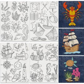 DOODLREAM 38Pcs Ocean Elements Embroidery Pattern Stabilizer, 21 x 29.7cm Sea Creature Soluble Stick and Stitch Embroidery Sticker, 4 Sheets Sea Grass Sailboat Water Hand Sewing DIY Embroidery Paper