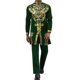 Mens African 2 Piece Set Zipper Nigerian Dashiki Metallic Shirt and Pants Outfit Gold Stamp Printed Long Traditional Suit
