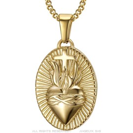 BOBIJOO JEWELRY - Grand Pendentif du Sacré Coeur du Christ Pour Homme 32 x 24 mm Acier Stainless Steel Or Chaîne 55 cm, Stainless Steel Gold