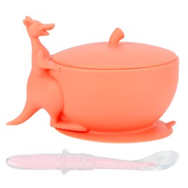 Cute Silicone Baby Feeding Bowl Spoon Set with Suction Base Non Slip Tableware for Infant(Coral Red )