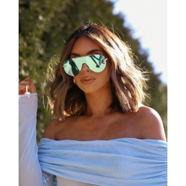 DIFF Imani Designer Oversized Shield Sunglasses for Women UV400, Gold + Aquatic Awe Mirror
