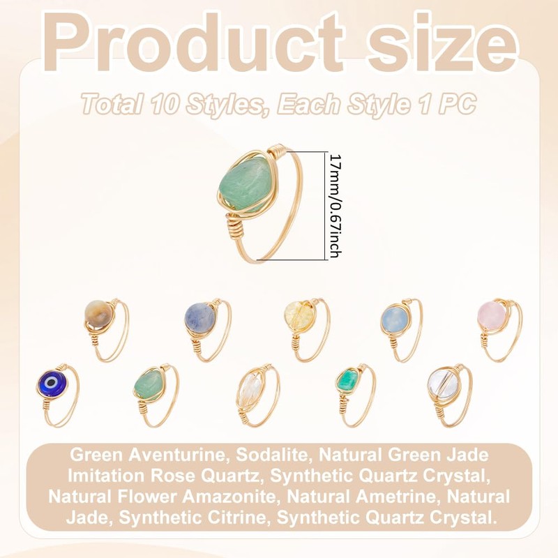 UNICRAFTALE 10Pcs 10 Styles Chakra Crystal Rings Adjustable Gemstone Rings