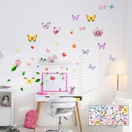 Watercolor Butterfly Wall Stickers Colorful Butterflies&Crown Peel Stick, Reusable Stick Butterflies Wall Art Stickers Removable Wall Decor for Girl Bedroom Living Room Art Murals Decorations