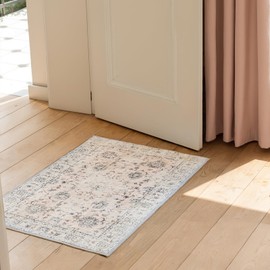 PURE ROMIE 2'x3' Vintage Floral Rug - Persian Inspired Low-Pile Faux Wool Area Rug, Non-Slip Washable Small Rug for Bedroom, Nursery, Dorm, Soft Pink Boho Chic Decor