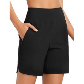 baleaf Women's 7'' Swim Board Shorts with Zipper Pockets High Waisted Tummy Control Long Beach Swimming Shorts UPF 50+ Quick Dry Modest Swimsuits Bottoms Black M