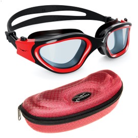 AqtivAqua Swim Goggles Swimming Goggles for Adult Men Women Kids 6-14 Youth Girls Boys Childrens DX-P (Red&Black frame, Red case, Clear lens)