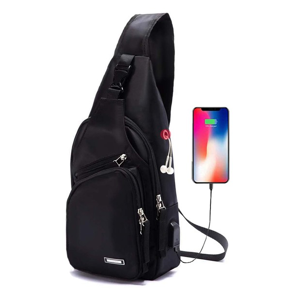 Men Women Sling Backpack Small Nylon Crossbody Shoulder Chest Bag with USB Charging Port Travel Pack Black