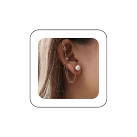 Aneneiceera Boho Pearl Stud Earrings Gold Tiny Pearl Studs Long Chain Crawler Earrings Specification Pearl Cuff Wrap Clip On Earrings Jewellery for Women and Girls