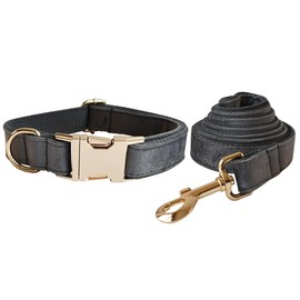 Velvet Dog Collar and Leash Set, Soft & Comfy Dog Collar and Leash, Heavy Duty Metal Buckle Adjustable Collars for Small Medium Large Dogs Training & Walking (XL-Collar Girth: 14.5"-23.6", Dark Grey)