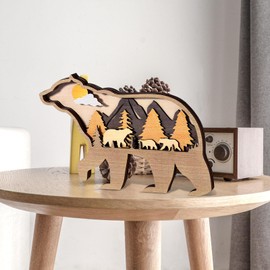 KOYILTD Wooden Forest Animal Wall Art Mountain Forest Wood Wall Decor Nature Woodland Woodland Nursery Decor Native American Decor Rustic Home Decor for Bedroom Living Room (Bear)