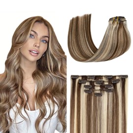Belaved Hair Extensions Clip in Human Hair Ombre Brown Mix Blonde Balayage 18 Inch 70g 5pcs 100% Remy Human Hair Clip in Extensions Straight