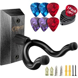 ClefArc Guitar Wall Mount, Black Guitar Wall Hangers, Guitar Picks, Pick Holder, Guitar Accessories, U-Shape Hardwood Guitar Hanger, Gifts for Guitarists, with 6 Assorted Guitar Picks