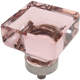 5 Pack - Cosmas 6377SN-P Satin Nickel Cabinet Hardware Square Knob with Pink Glass - 1-3/8" Square