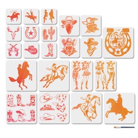 MAYJOYDIY 22 Piece Western Cowboy Stencils Set Cowboy Boots Painting Stencils 15 ~ 30 cm Reusable Cowgirl Horse Drawing Template with Brush for Crafts on Window Wood Wall Home Decoration