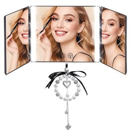Car Visor Mirror with Lights - Rechargeable Tri-Fold Vanity Mirror 3 Colors & Adjustable Brightness, Portable Makeup for Women with Decorative Pearl Hanging Charm, Universal Fit Car SUV Truck