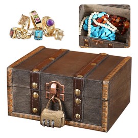 AHEJIOO Treasure Chest with Lock 15 x 12 x 7.5 cm, Vintage Treasure Chest with Combination Lock, Wooden Treasure Chest Children's Birthday, Treasure Chest Children's Birthday, for Storage Decoration