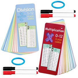 FDKYOEK 0-12 Multiplication Flash Cards, 1-12 Division Table Cards, Math Flash Cards, Total 30 Cards, 4 Dry Erase Markers, 2 Rings, Educational Math Flashcards for 1st - 3rd Grades