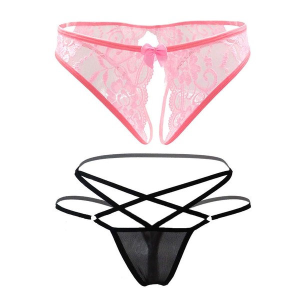 women's black charming thong lingerie lace G-string T-back panties strappy body harness panties (Floral-Pink, Large)
