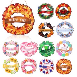 Geelin 12 Set Interchangeable Seasonal Sign Front Door Decoration 12 Inch Rustic Round Wood Wreath Wall Hanging All Season Holiday Welcome Sign for Independence Day Patriotic 4th July Summer(Wreath)