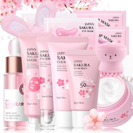 Japan Sakura Skincare Set Teenager Mädchen Geschenke - Skin Care Set - Gesichtspflege Set - Hydrierend & Glatt Beauty Set - Geschenk Set für Frauen - Mit Sonnenschutz,Serum,Peelingmaske,Hasenhaube