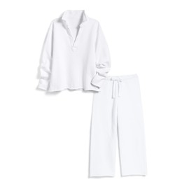 SeeLuNa Lounge Sets for Women 2 Piece Outfits Long Sleeve V Neck Pullover Sweatshirts Wide Leg Pants Travel Tracksuit Set(White,M), Medium