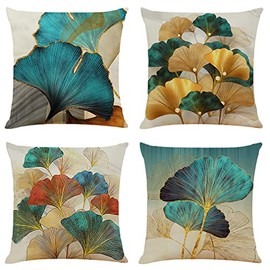NIULAA Decorative Teal Throw Pillow Covers 16x16 Set of 4,Outdoor Farmhouse Summer Pillow Covers Rustic Fall Ginkgo Linen Pillow Covers for Couch Sofa Living Room Patio Furniture