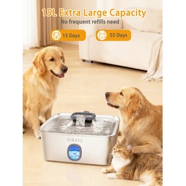 SIBAYS 4Gal/15L Large Dog Water Fountain, Stainless Steel Pet Fountain with Water Window & LED Light, Ultra Quiet Automatic Dog Water Bowl Dispenser for Large Dogs & Multi-pet, Easy to Clean FS76