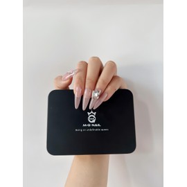M·Q NAIL,Press on nails,Cat's eye tips long nails,Hand drawn,Includes 48 jelly glue and 2 cuticle sticks and 2 rubbing strips (Lotus root powder color cat's eye, M)