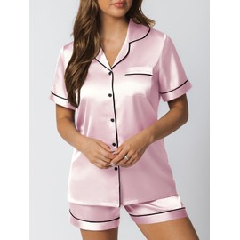 LILLUSORY Silk Satin Pajama Set for Women 2 Piece Lounge Pjs Shorts Matching Summer Sleepwear Button Down Shirt Shorts Pink S